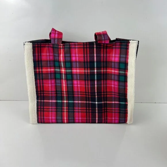 Victoria Secret Plaid Tote Bag  Sherpa Trim & Logo Pink Red Green - Picture 2 of 6